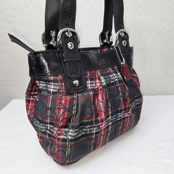 COACH F15467 Poppy Tartan Plaid Signature Glam Glitter Shoulder Tote FLAWLESS! - Picture 8 of 13